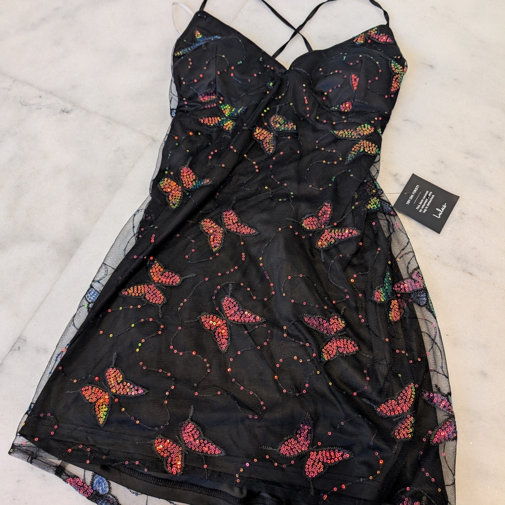 Lulu's Black Dress with Multicolor Sequin Detail